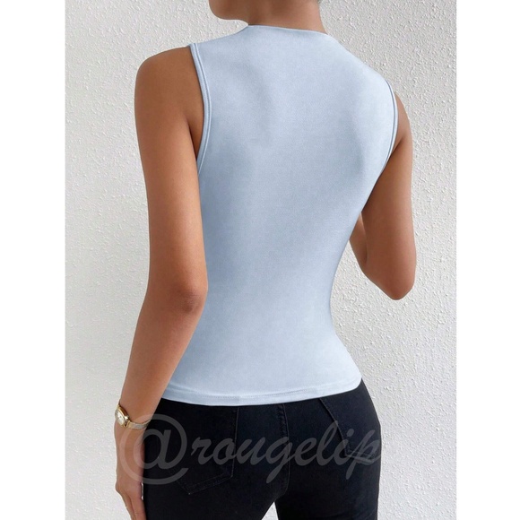 Ruched Light Blue Asymmetrical Sleeveless Shirt Top - Picture 5 of 9